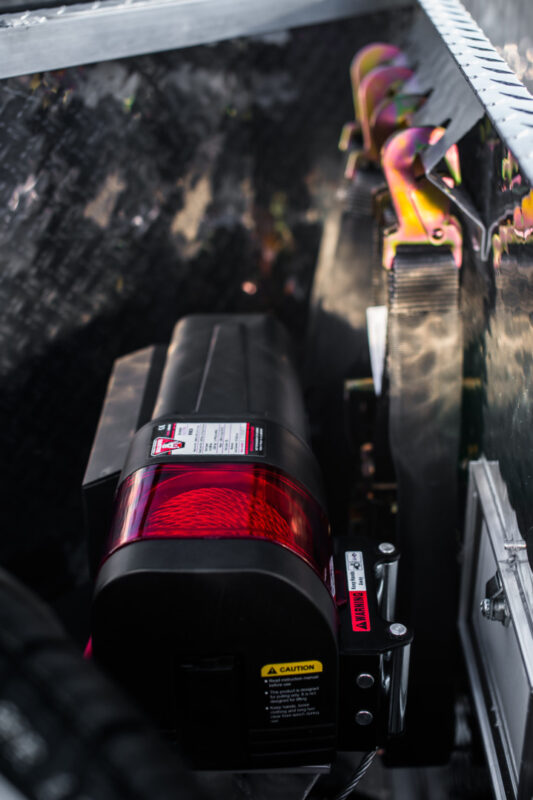 jimglo ego tilt bed trailer storage box with winch and strap hanger