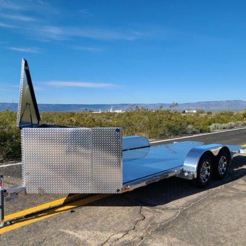 2024 JIMGLO Trailers 18 Ego Tilt Bed Car Trailer aluminum tilt bed trailer with rock guard storage box lid open